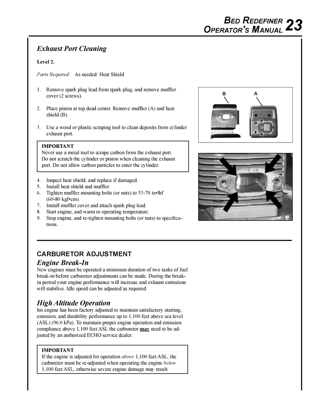 Echo BRD-280 manual Exhaust Port Cleaning, Engine Break-In, High Altitude Operation, Carburetor adjustment 