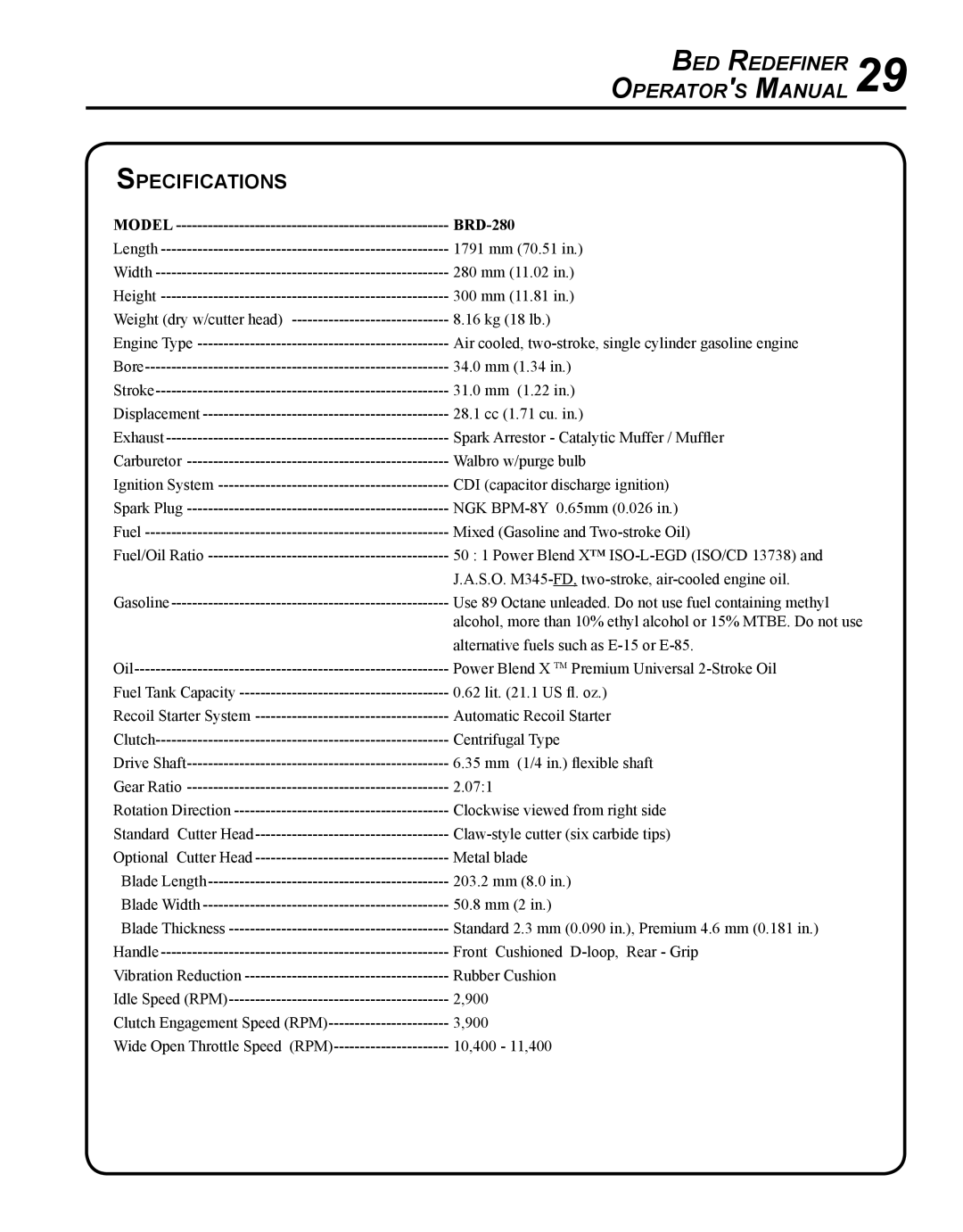 Echo BRD-280 manual Bed Redefiner Operator s Manual, Specifications 