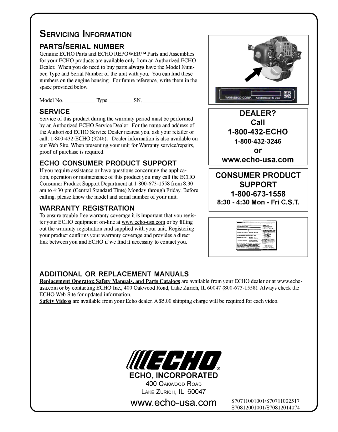 Echo BRD-280 manual Servicing Information parts/serial number, Service, Echo consumer product support 