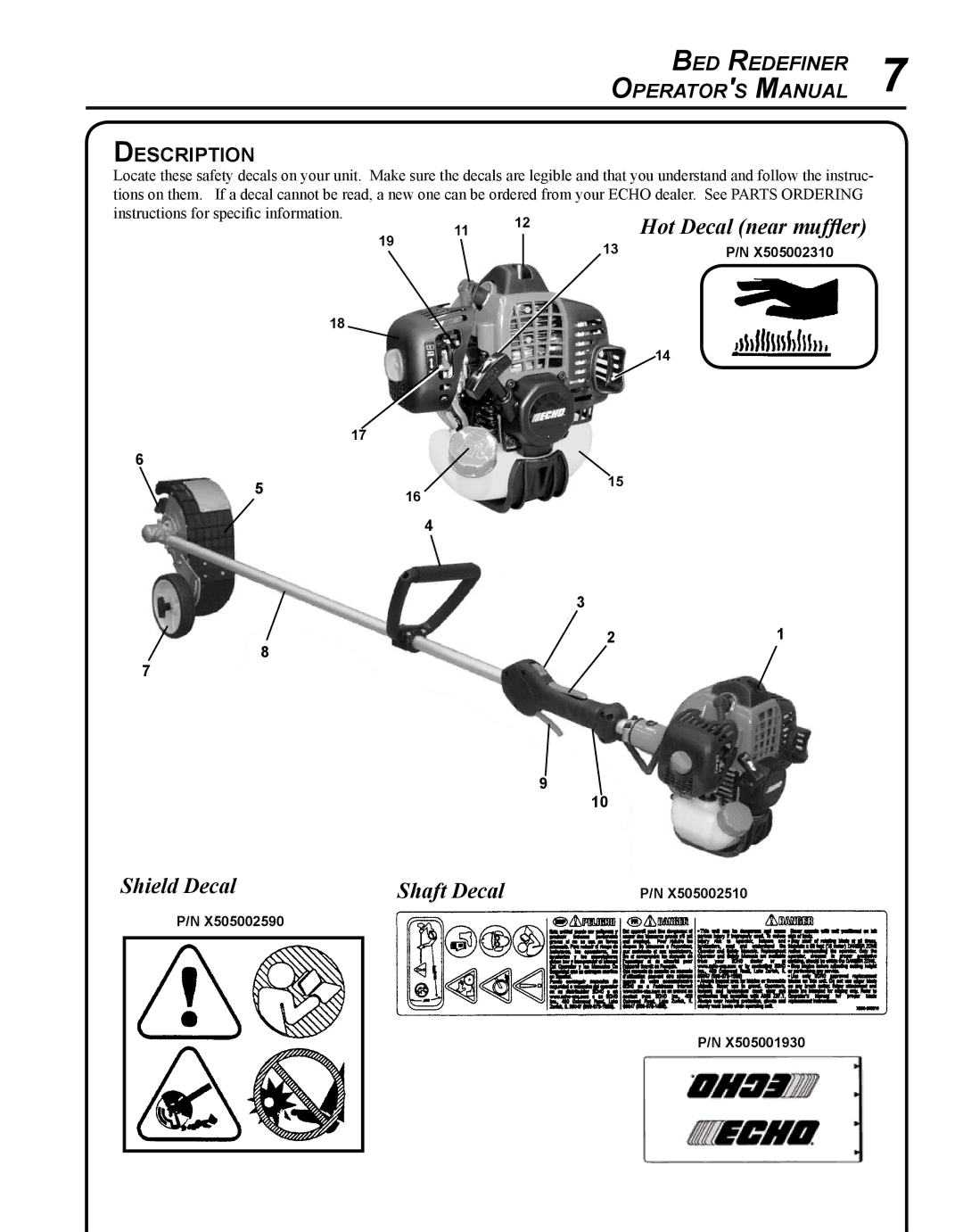 Echo BRD-280 manual Hot Decal near muffler Shield Decal Shaft Decal, Bed Redefiner Operator s Manual Description 