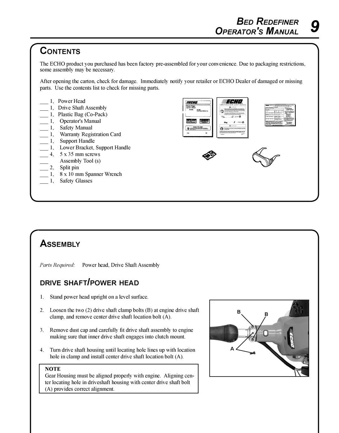 Echo BRD-280 manual Contents, Assembly, Drive shaft/power head 