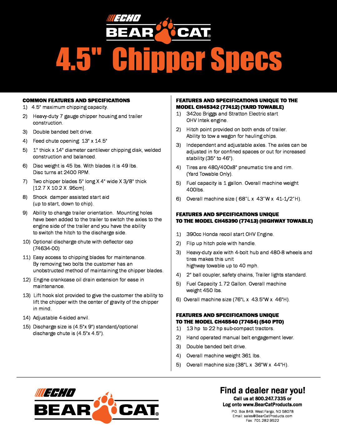 Echo CH45342 (77412) manual Chipper Specs, Find a dealer near you, Common Features and Specifications 