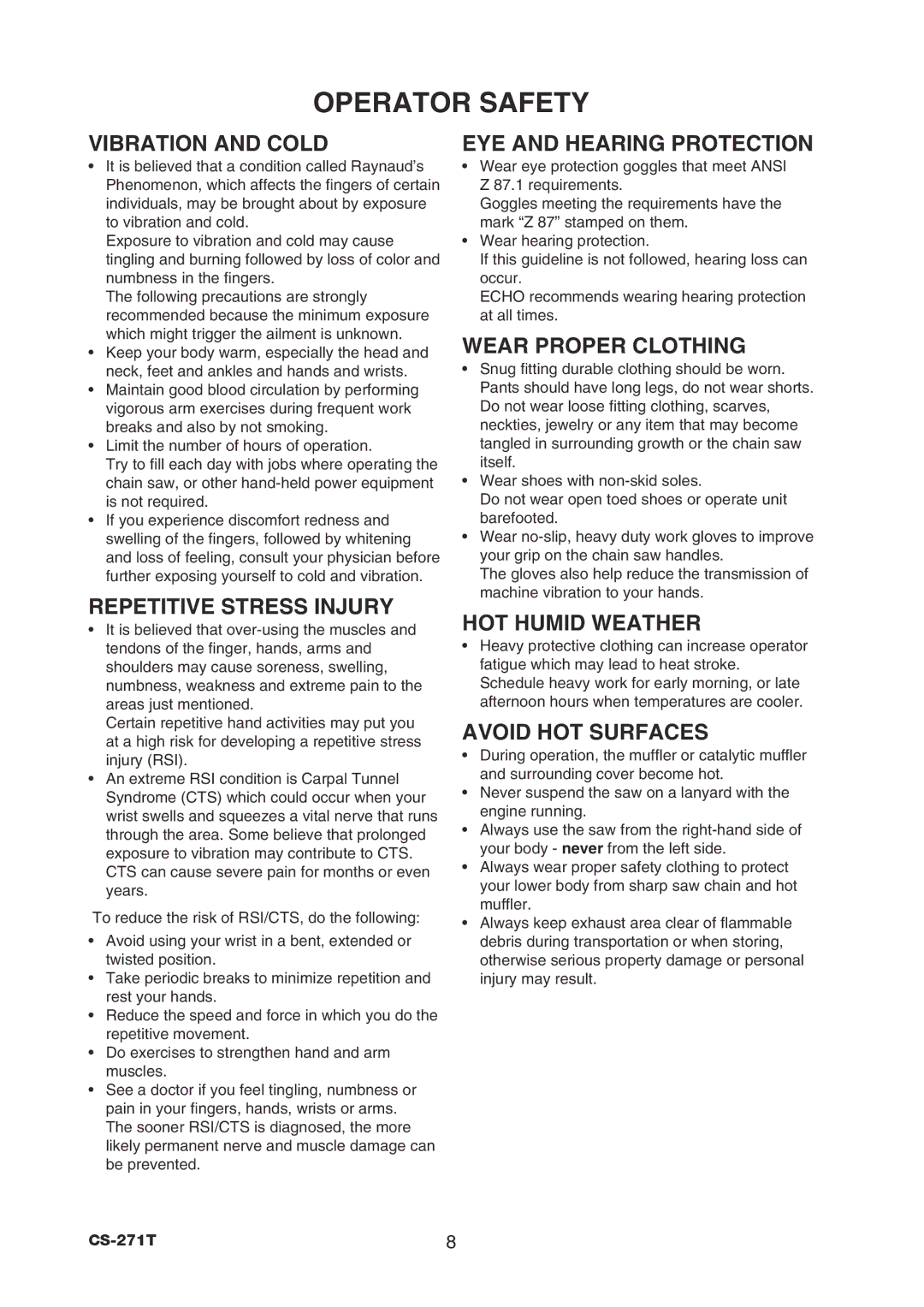 Echo CS-271T instruction manual Operator Safety 