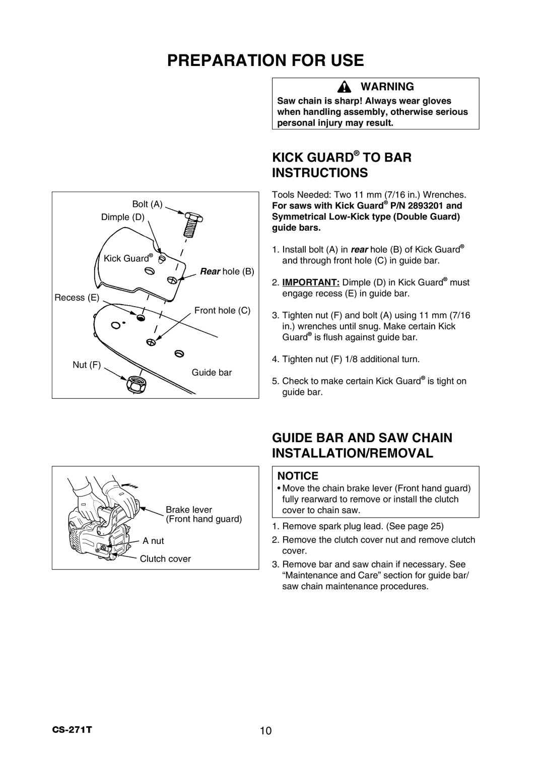 Echo CS-271T Preparation for USE, Kick Guard to BAR Instructions, Guide BAR and SAW Chain INSTALLATION/REMOVAL 