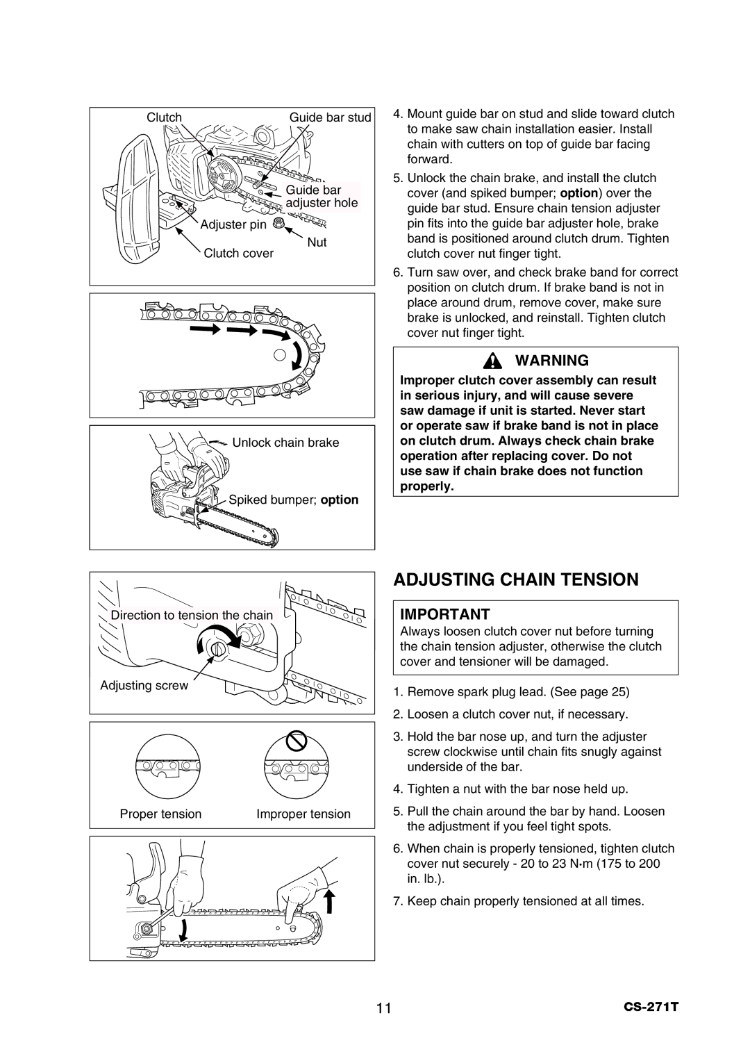 Echo CS-271T instruction manual Adjusting Chain Tension 