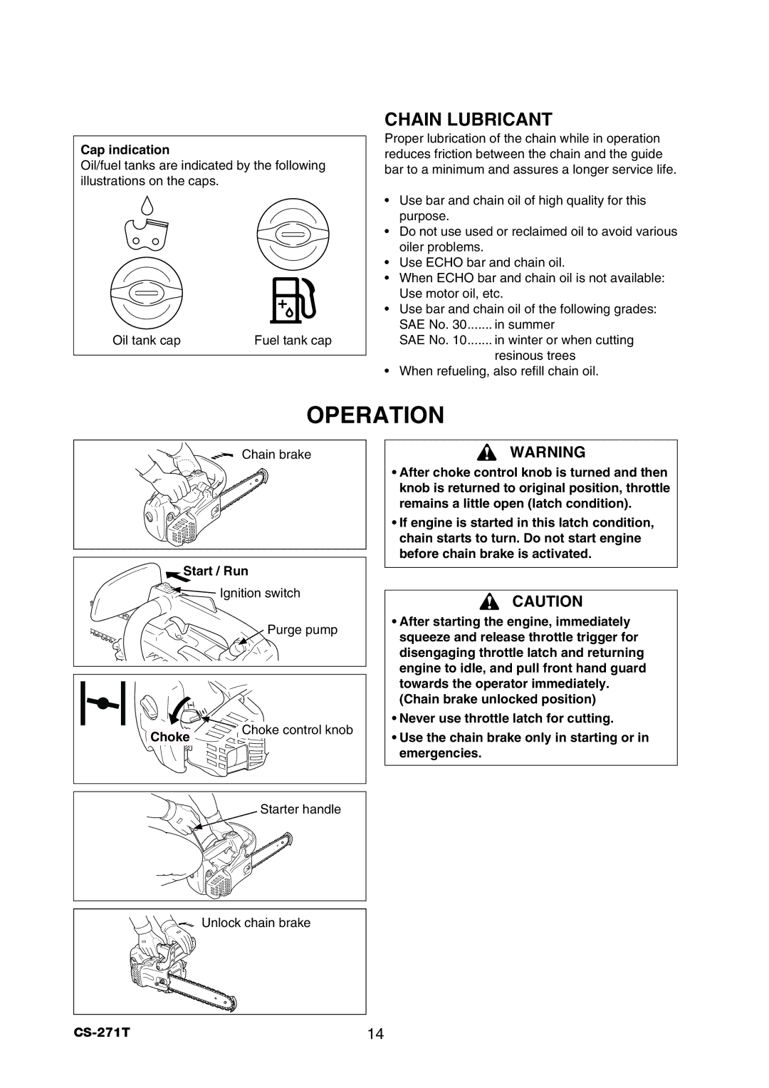 Echo CS-271T instruction manual Operation, Chain Lubricant, Cap indication, Start / Run 