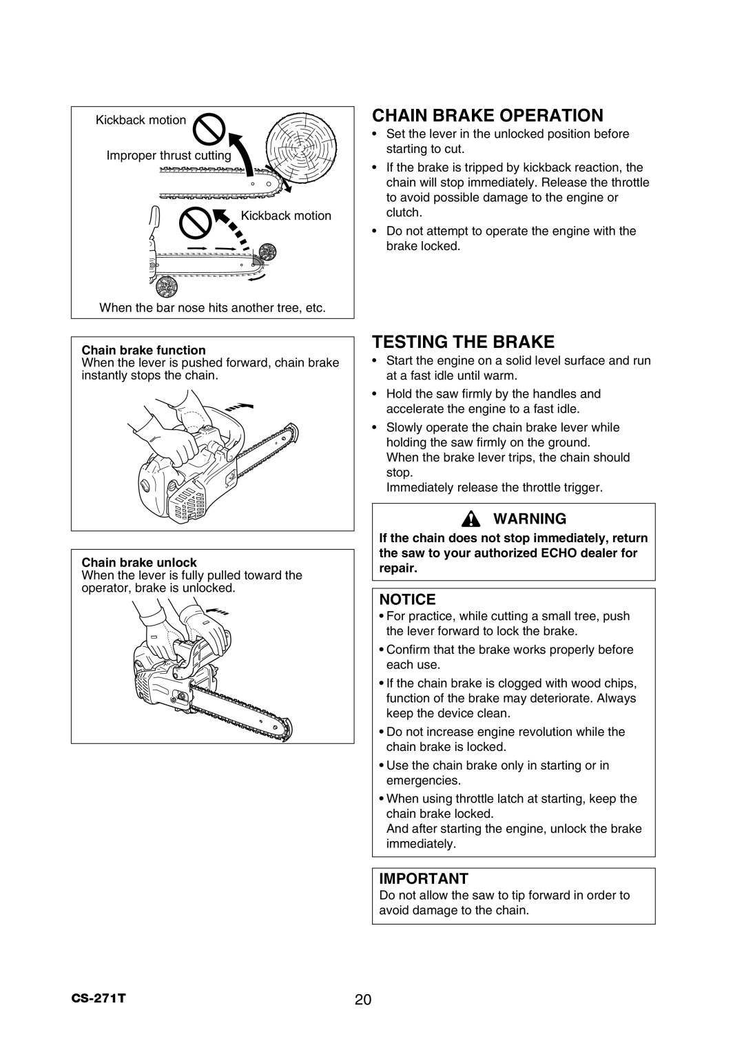 Echo CS-271T instruction manual Chain Brake Operation, Testing the Brake, Chain brake function, Chain brake unlock 