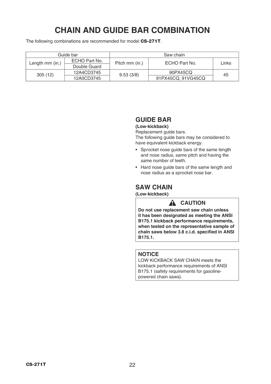 Echo CS-271T instruction manual Chain and Guide BAR Combination, SAW Chain, Low-kickback Replacement guide bars 