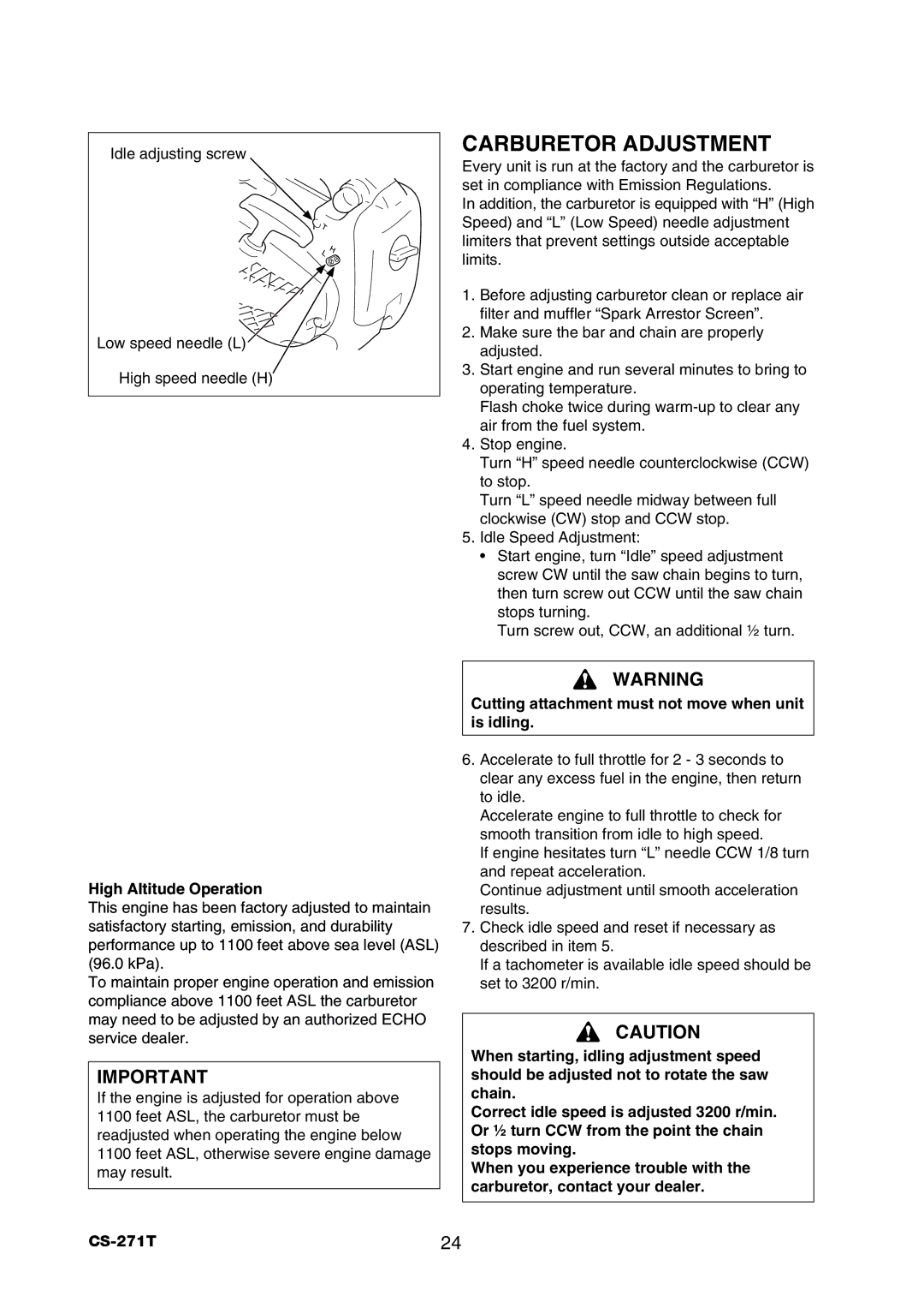 Echo CS-271T instruction manual Carburetor Adjustment, High Altitude Operation 