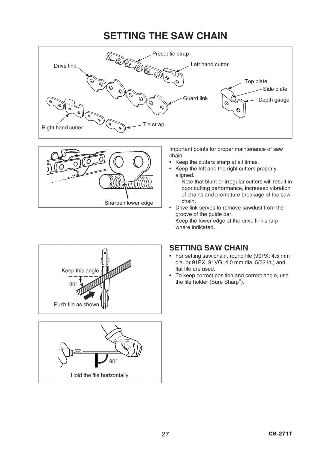 Echo CS-271T instruction manual Setting the SAW Chain, Setting SAW Chain 