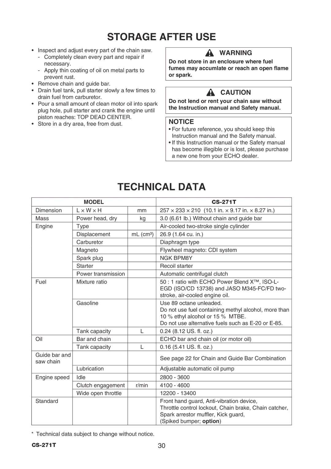 Echo CS-271T instruction manual Storage After USE, Technical Data 