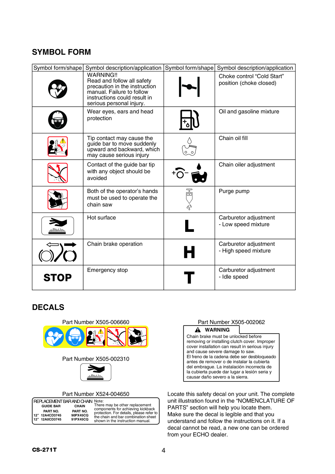 Echo CS-271T instruction manual Symbol Form, Decals 