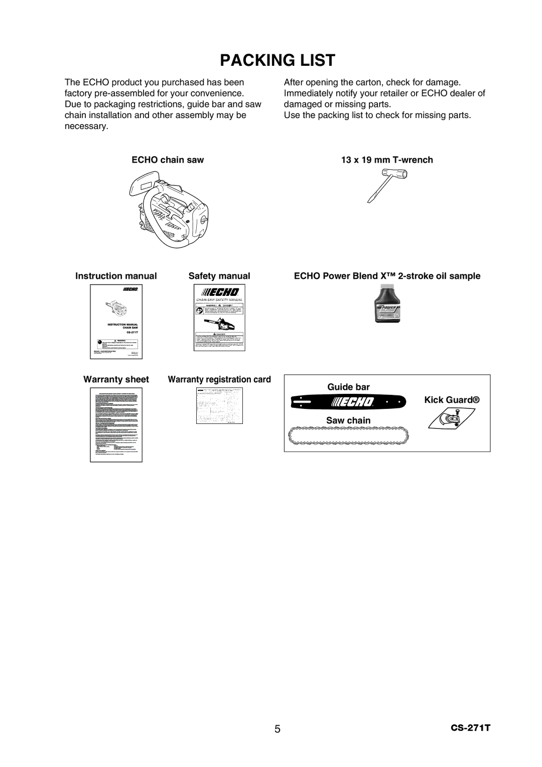 Echo CS-271T instruction manual Packing List, Echo chain saw, Warranty sheet 