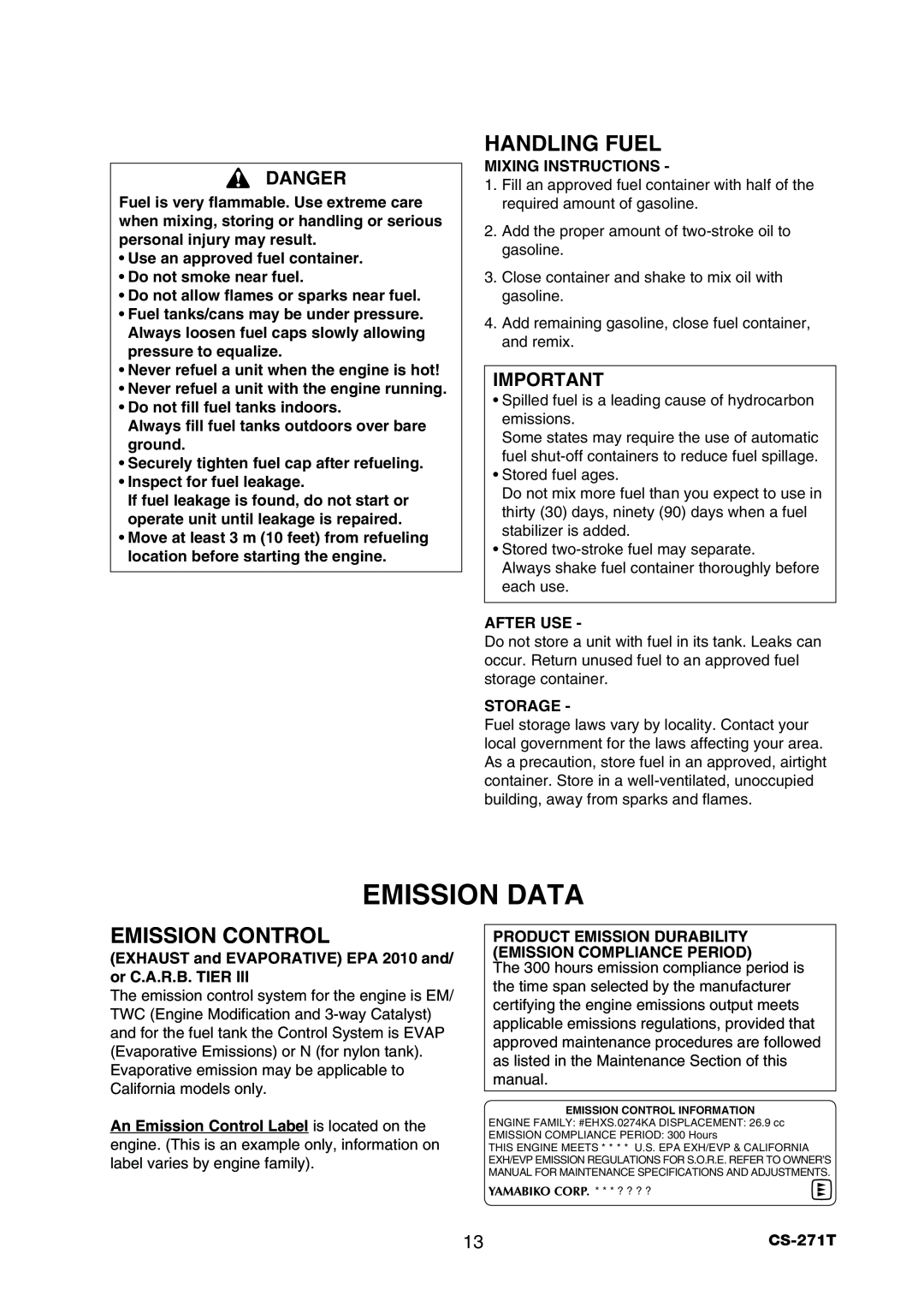 Echo CS-271T instruction manual Emission Data, Handling Fuel, Emission Control 