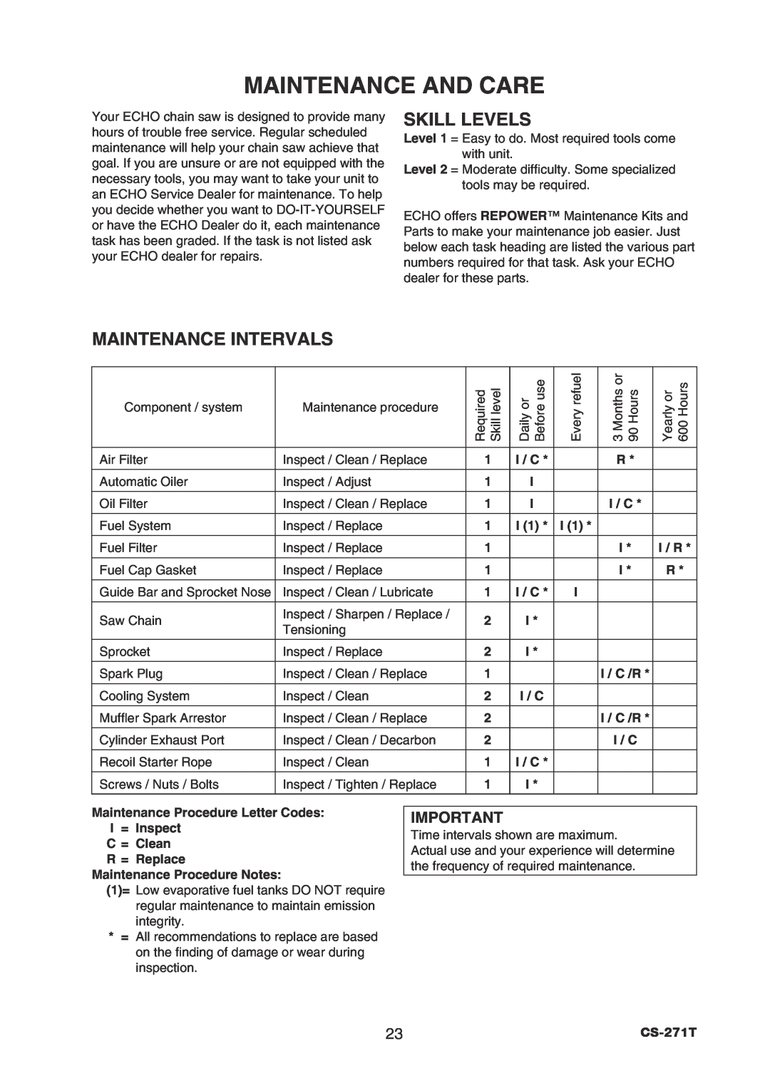Echo CS-271T instruction manual Maintenance And Care, Skill Levels, Maintenance Intervals 