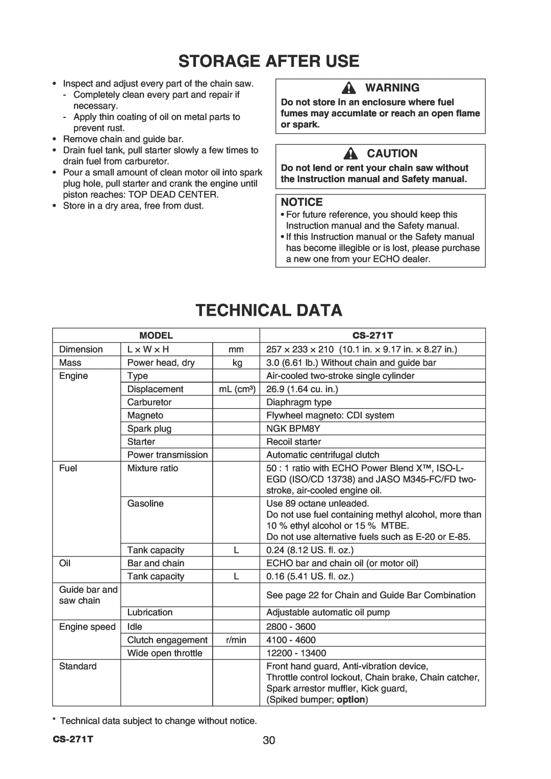 Echo CS-271T instruction manual Storage After Use, Technical Data 