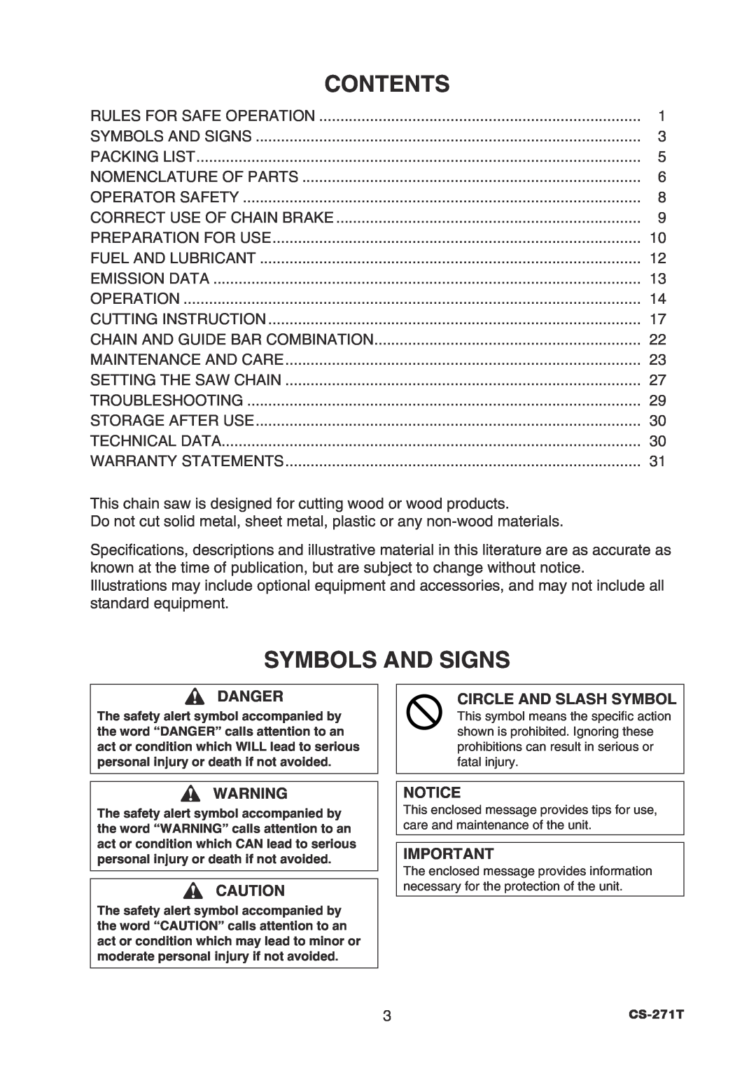 Echo CS-271T instruction manual Contents, Symbols And Signs, Danger, Circle And Slash Symbol 