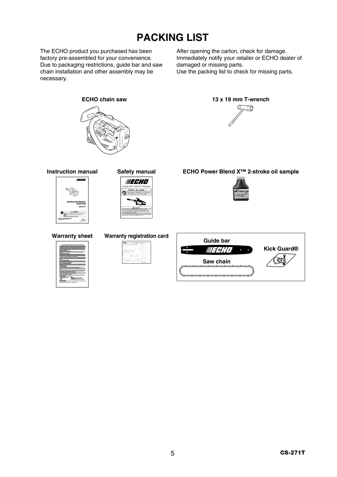 Echo CS-271T instruction manual Packing List, ECHO chain saw, Instruction manual, Warranty sheet 