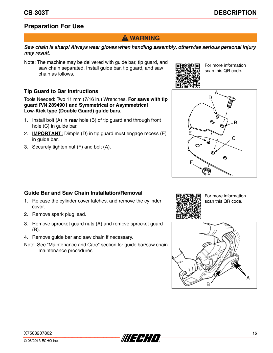 Echo CS-303T Preparation For Use, Tip Guard to Bar Instructions, Guide Bar and Saw Chain Installation/Removal 