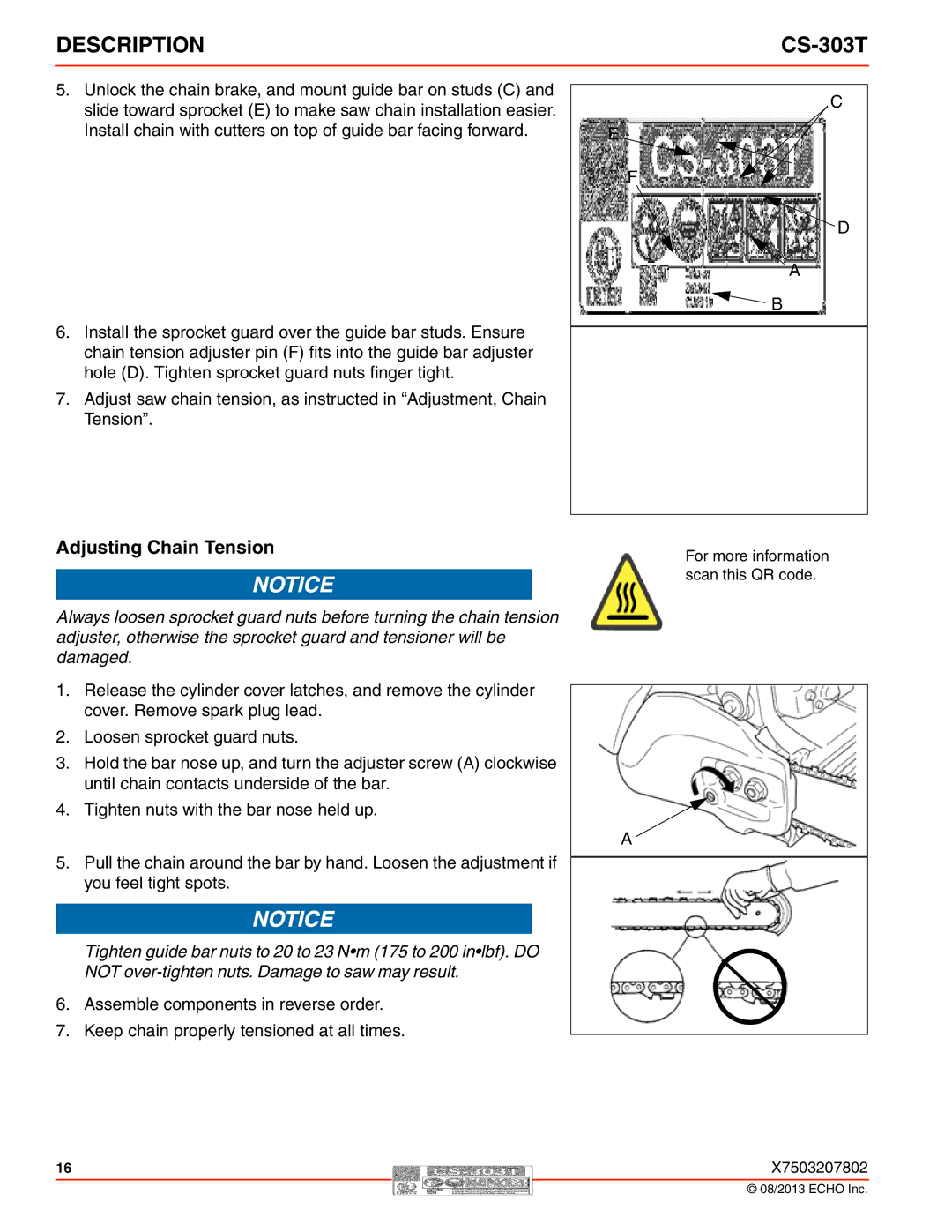 Echo CS-303T instruction manual Adjusting Chain Tension 