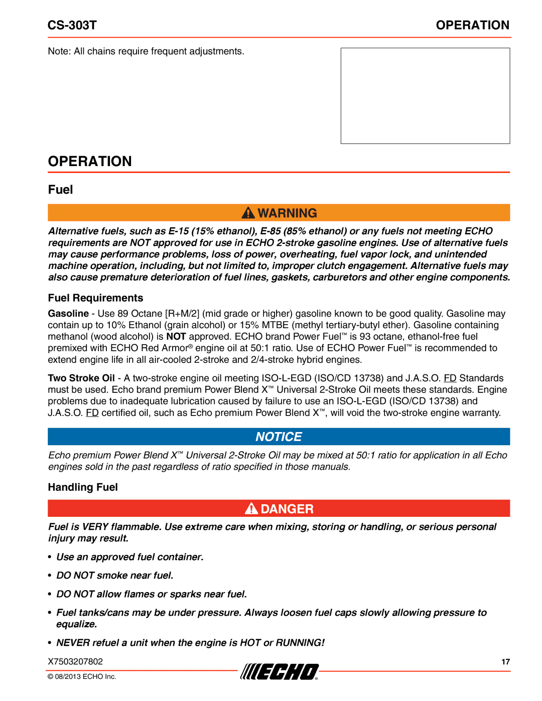 Echo CS-303T instruction manual Operation, Fuel Requirements, Handling Fuel 