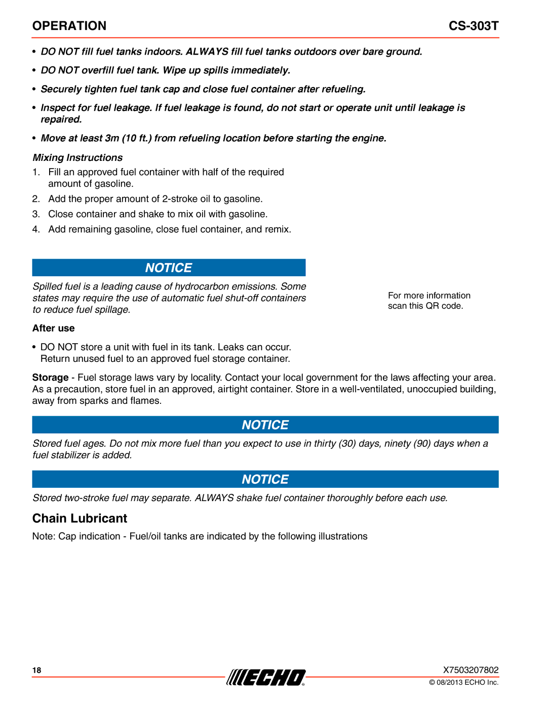 Echo CS-303T instruction manual Chain Lubricant, After use 