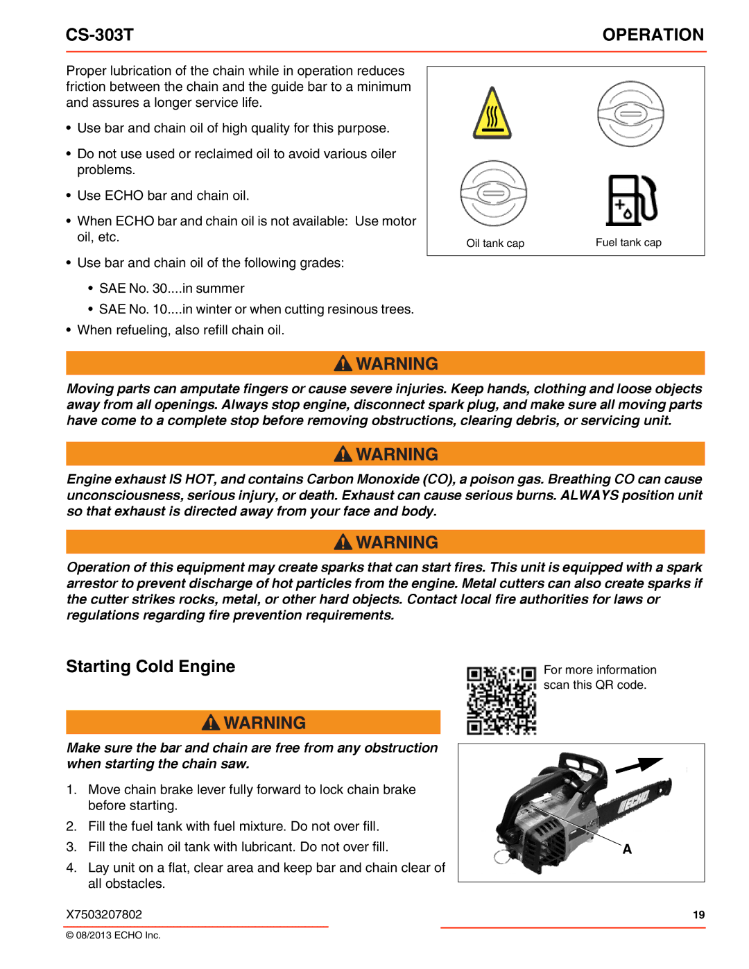 Echo CS-303T instruction manual Starting Cold Engine 