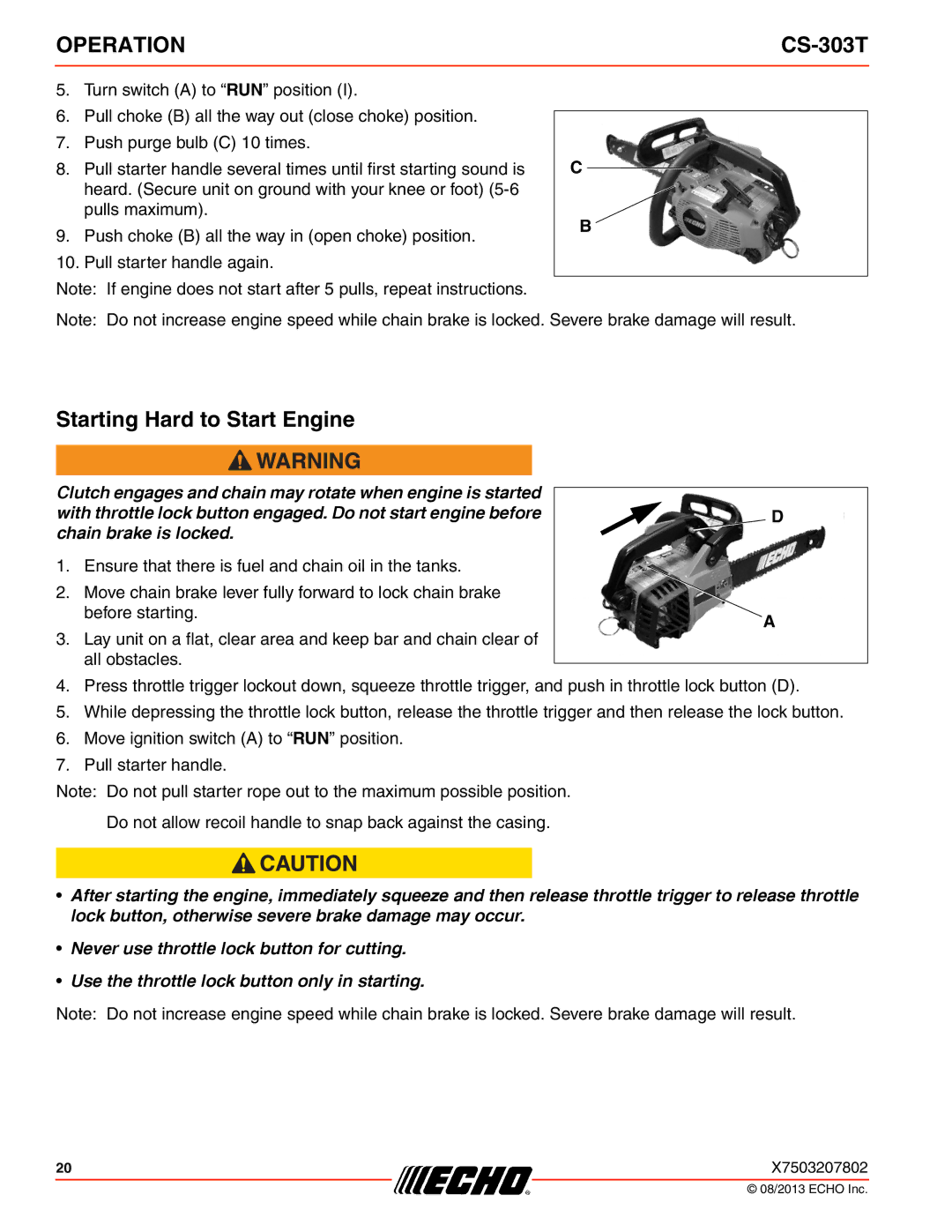 Echo CS-303T instruction manual Starting Hard to Start Engine 