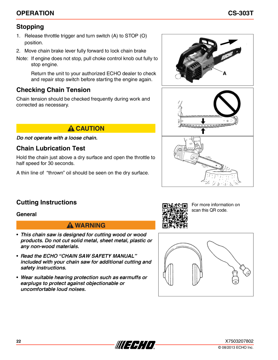 Echo CS-303T instruction manual Stopping, Checking Chain Tension, Chain Lubrication Test, Cutting Instructions, General 