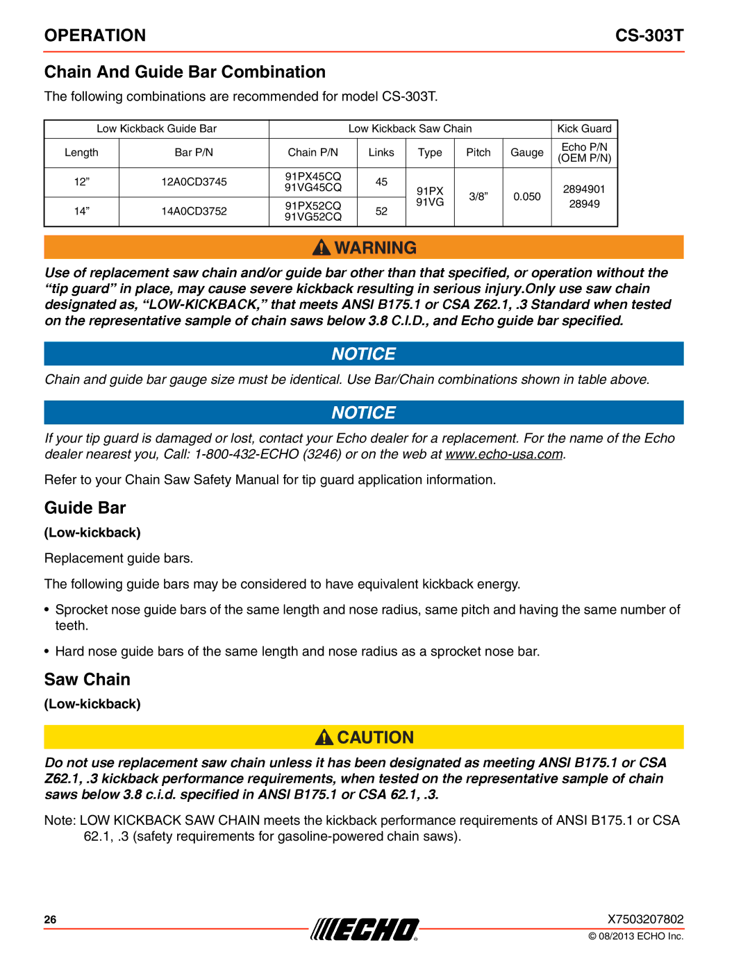 Echo CS-303T instruction manual Chain And Guide Bar Combination, Saw Chain 