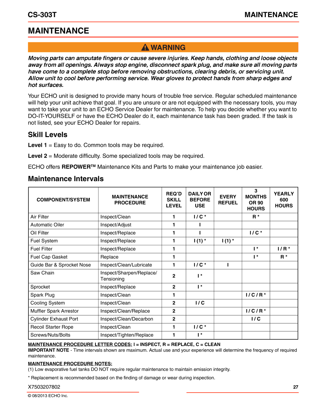 Echo CS-303T instruction manual Skill Levels, Maintenance Intervals 