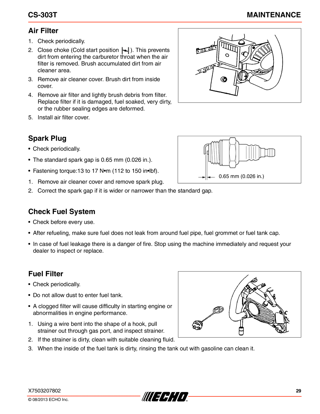 Echo CS-303T instruction manual Air Filter, Spark Plug, Check Fuel System, Fuel Filter 