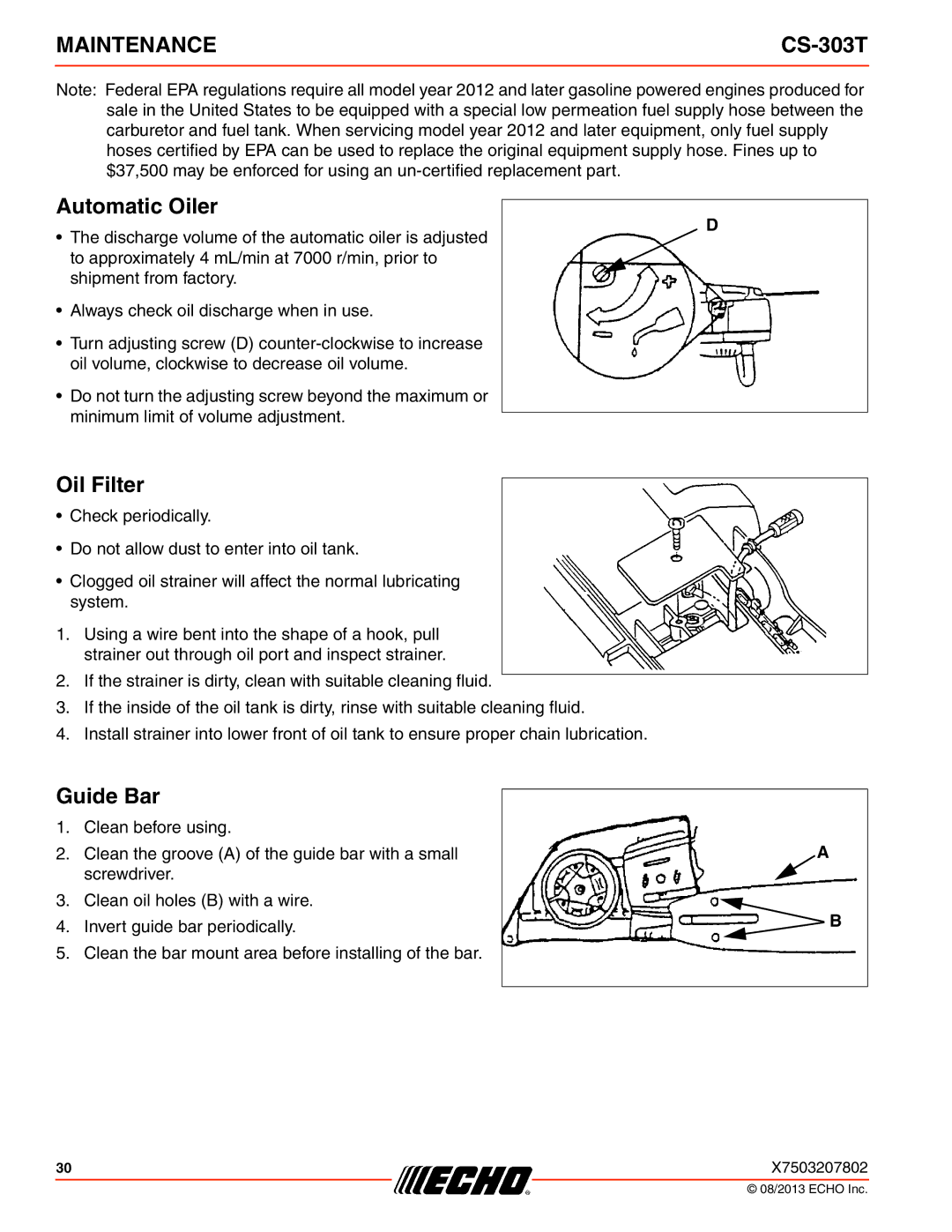 Echo CS-303T instruction manual Automatic Oiler, Oil Filter 