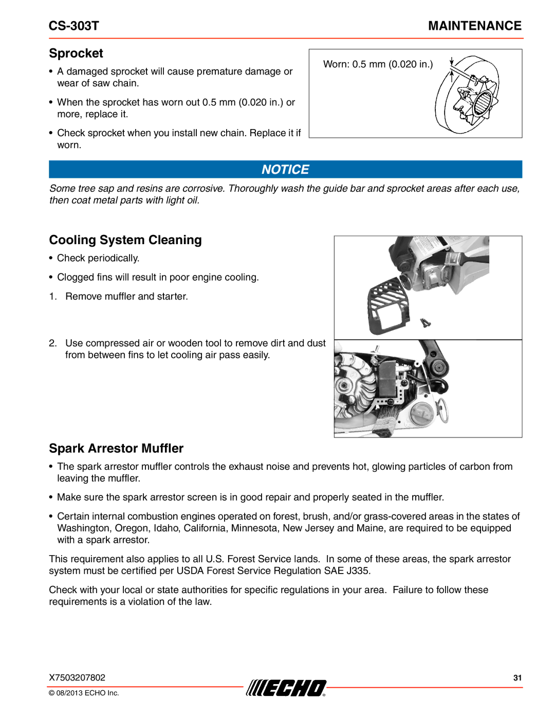 Echo CS-303T instruction manual Sprocket, Cooling System Cleaning, Spark Arrestor Muffler 