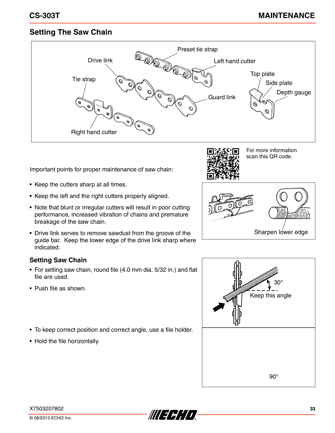 Echo CS-303T instruction manual Setting The Saw Chain, Setting Saw Chain 