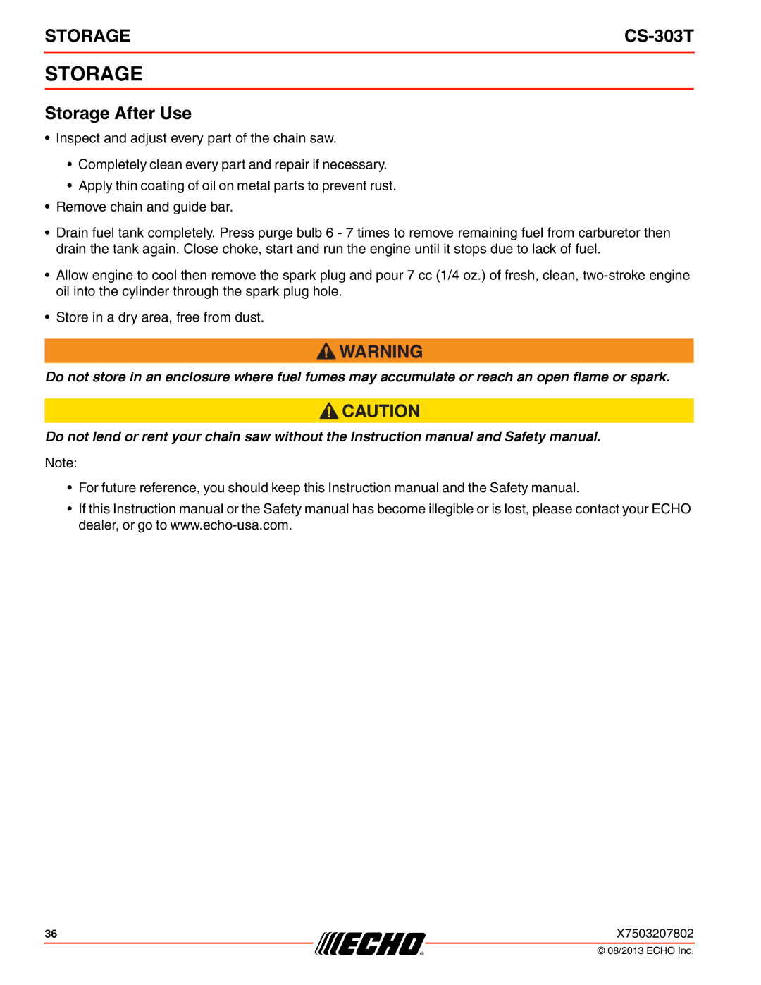 Echo CS-303T instruction manual Storage After Use 