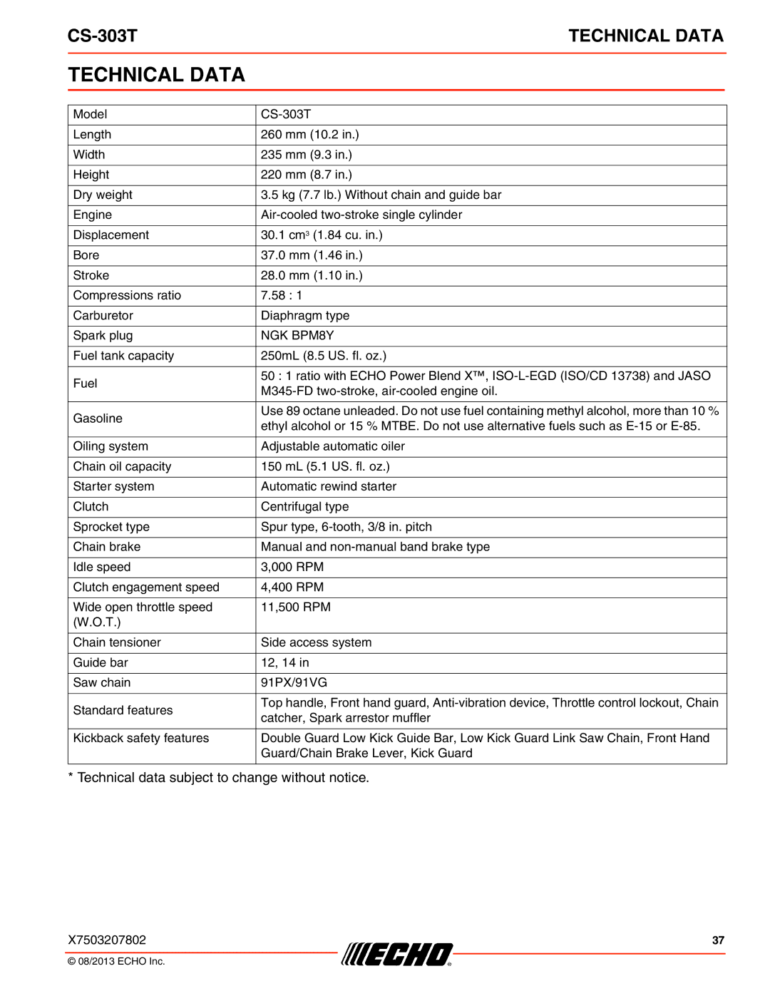 Echo CS-303T instruction manual Technical Data, NGK BPM8Y 