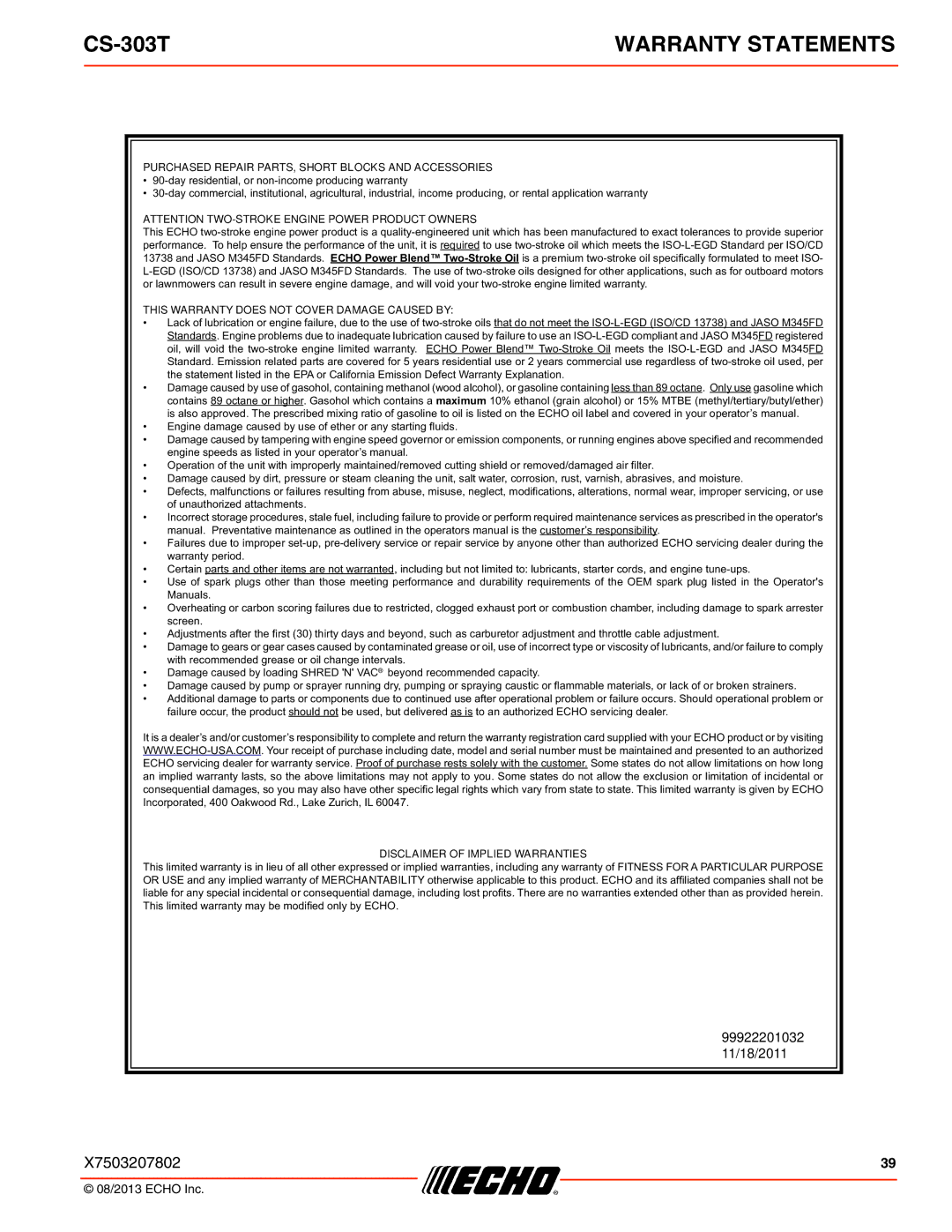 Echo CS-303T instruction manual Warranty Statements 