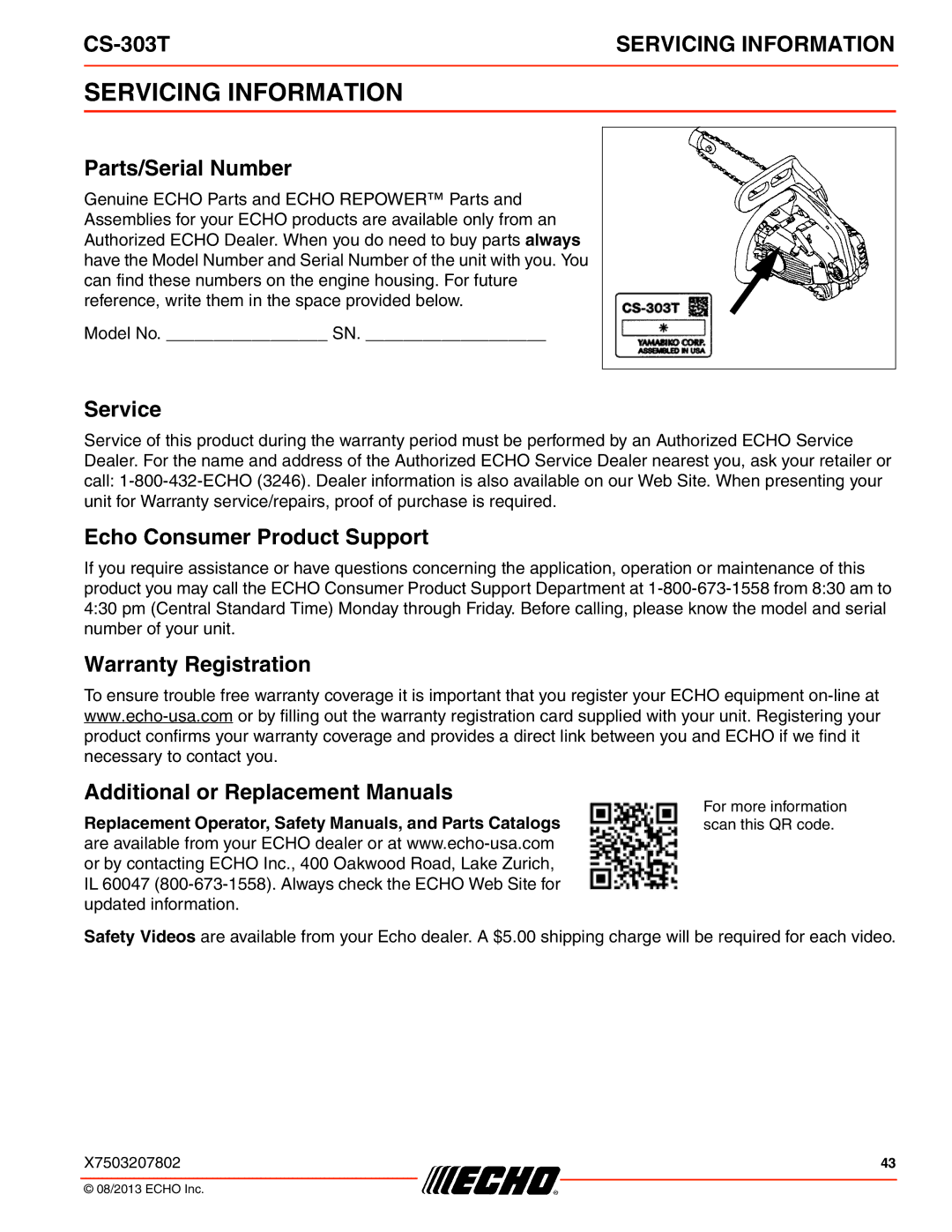 Echo CS-303T instruction manual Servicing Information, Parts/Serial Number, Service, Echo Consumer Product Support 