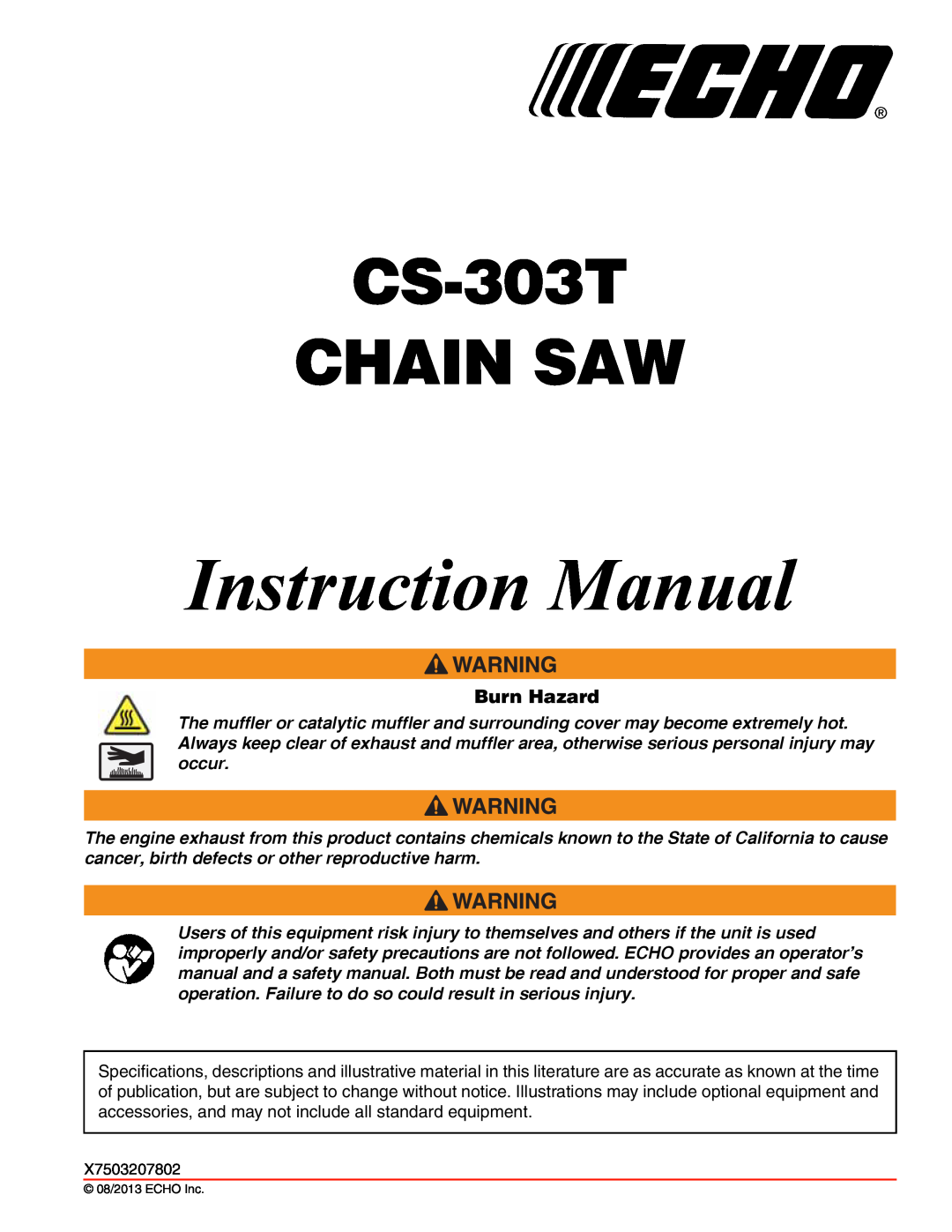 Echo instruction manual Burn Hazard, CS-303T CHAIN SAW 