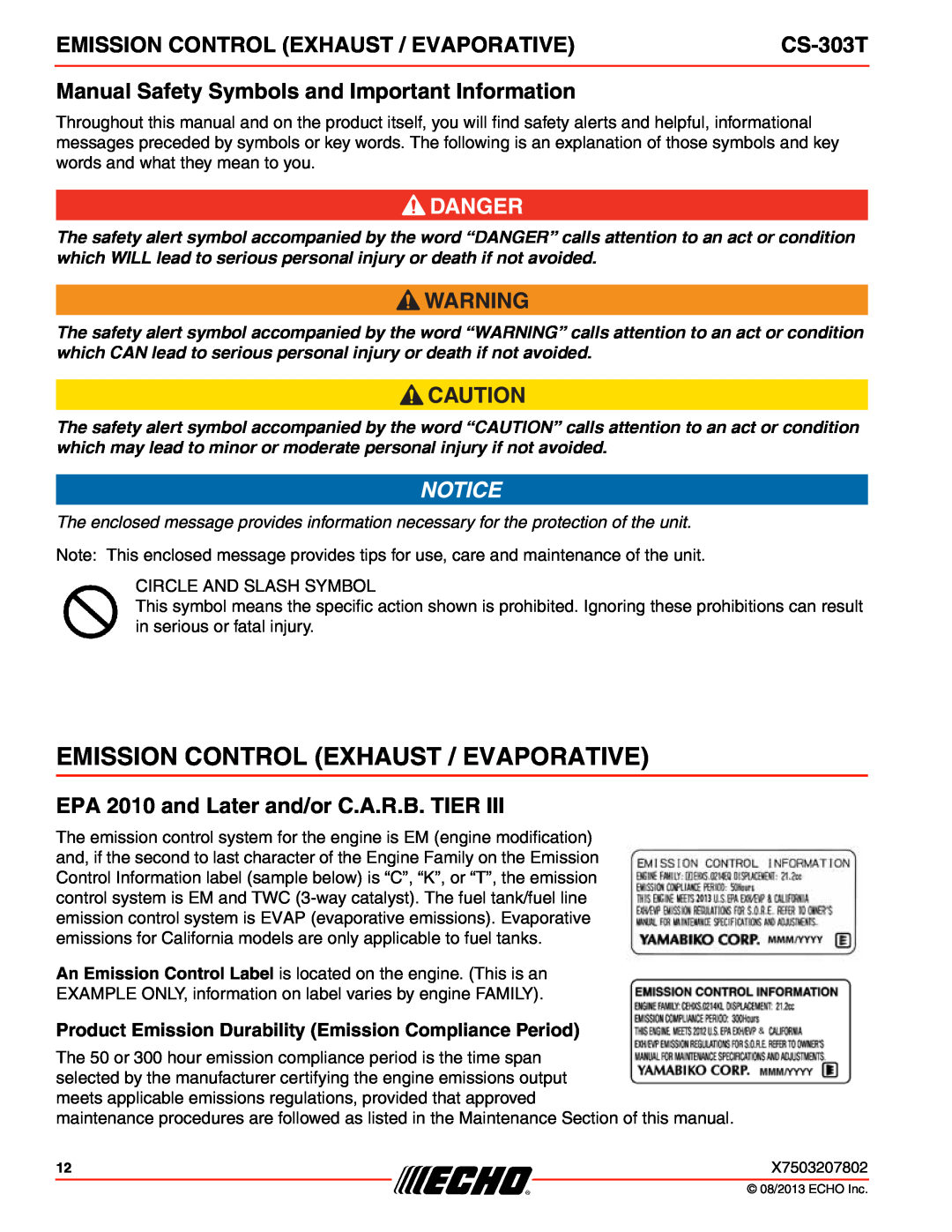 Echo CS-303T instruction manual Emission Control Exhaust / Evaporative, Manual Safety Symbols and Important Information 