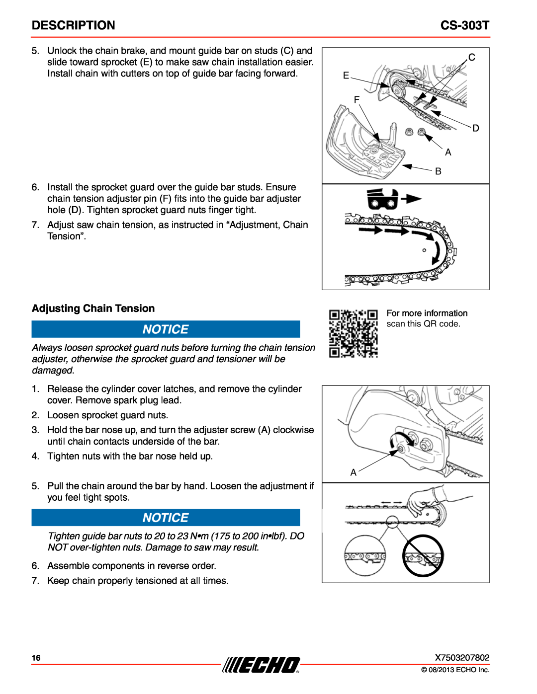 Echo CS-303T instruction manual Adjusting Chain Tension, Description 