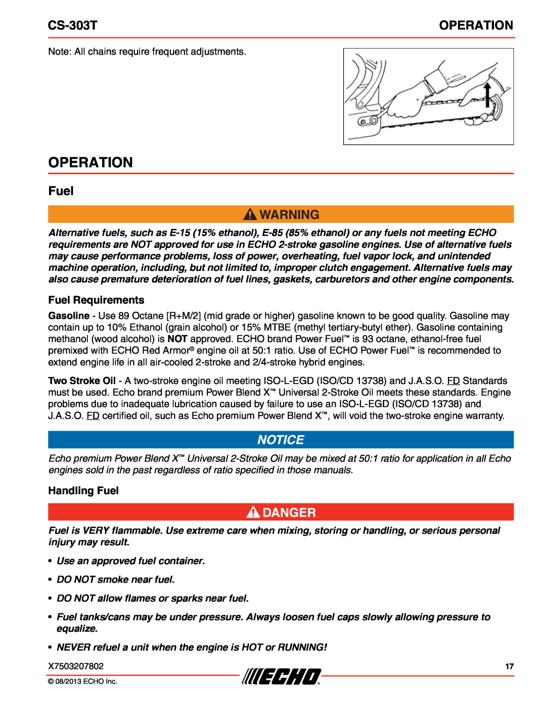 Echo CS-303T instruction manual Operation, Fuel Requirements, Handling Fuel 