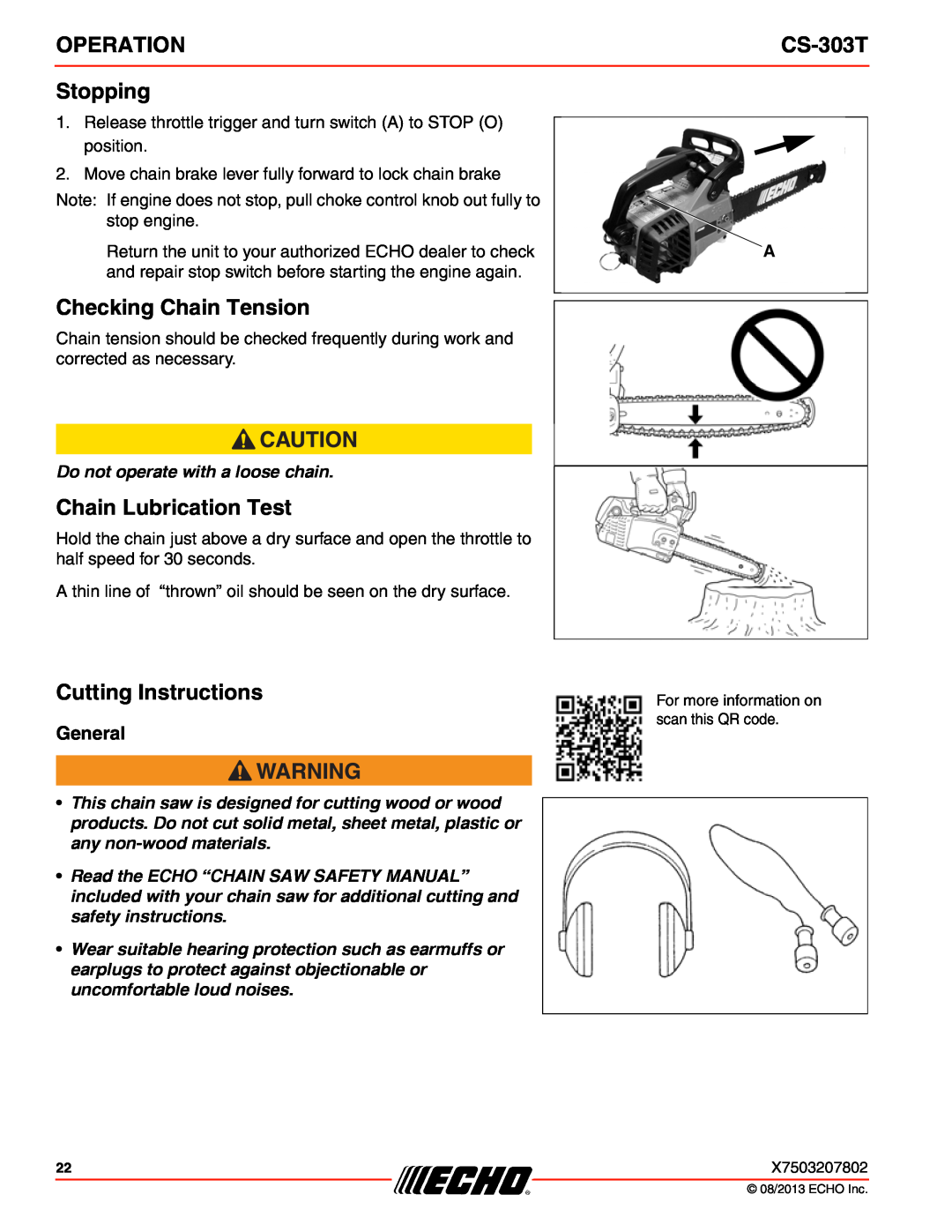 Echo CS-303T Stopping, Checking Chain Tension, Chain Lubrication Test, Cutting Instructions, General, Operation 