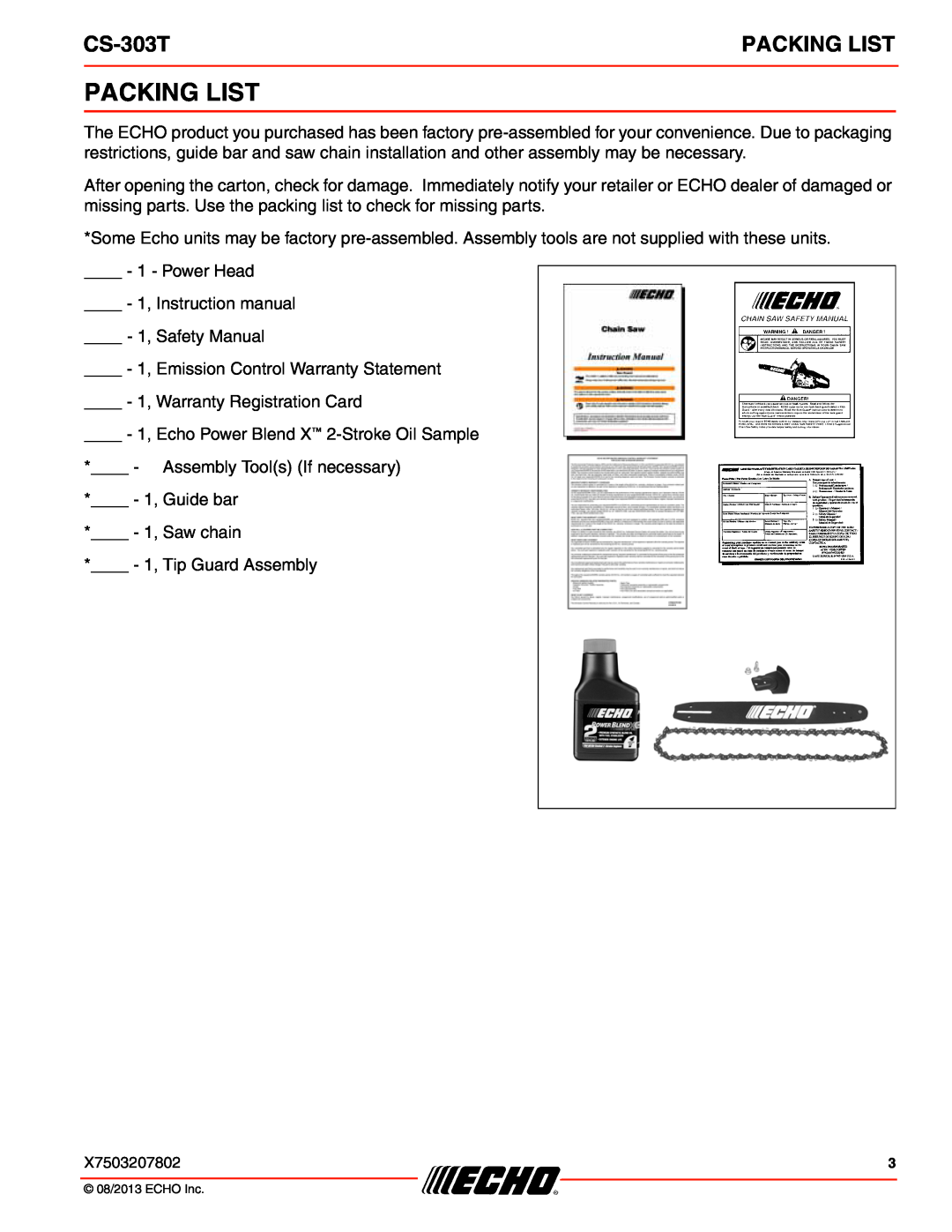 Echo CS-303T instruction manual Packing List 