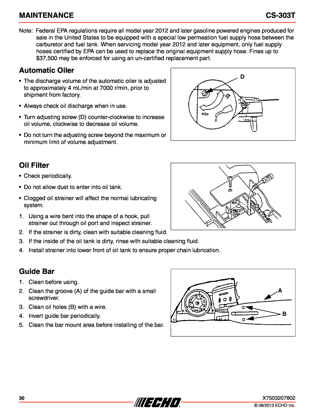 Echo CS-303T instruction manual Automatic Oiler, Oil Filter, Maintenance, Guide Bar 