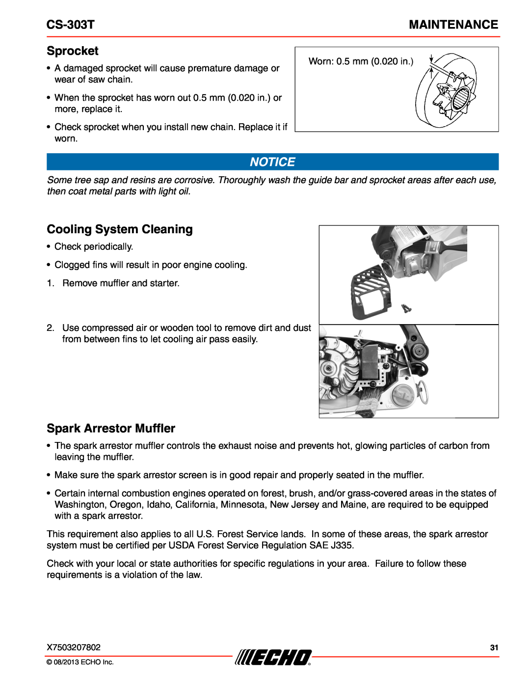 Echo CS-303T instruction manual Sprocket, Cooling System Cleaning, Spark Arrestor Muffler, Maintenance 