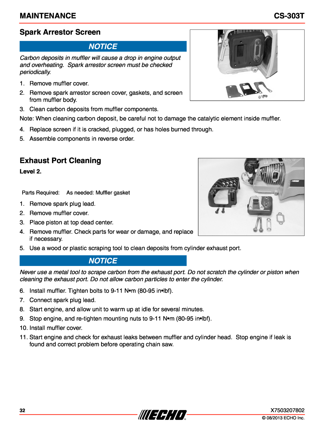 Echo CS-303T instruction manual Spark Arrestor Screen, Exhaust Port Cleaning, Level, Maintenance 