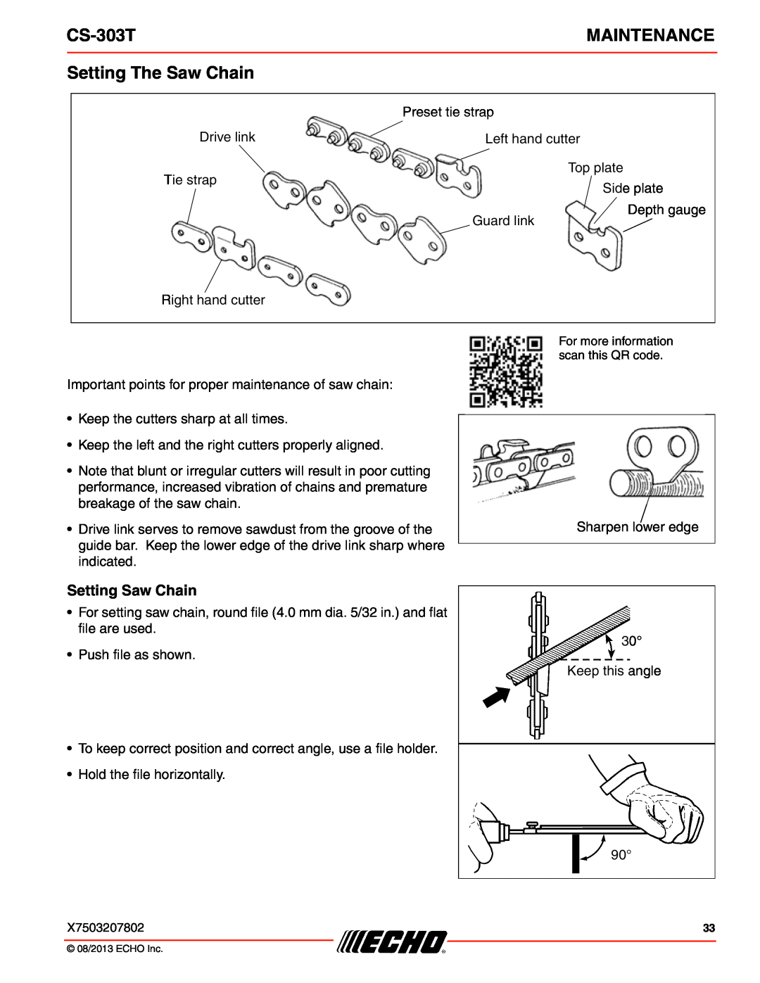 Echo CS-303T instruction manual Setting The Saw Chain, Setting Saw Chain, Maintenance 