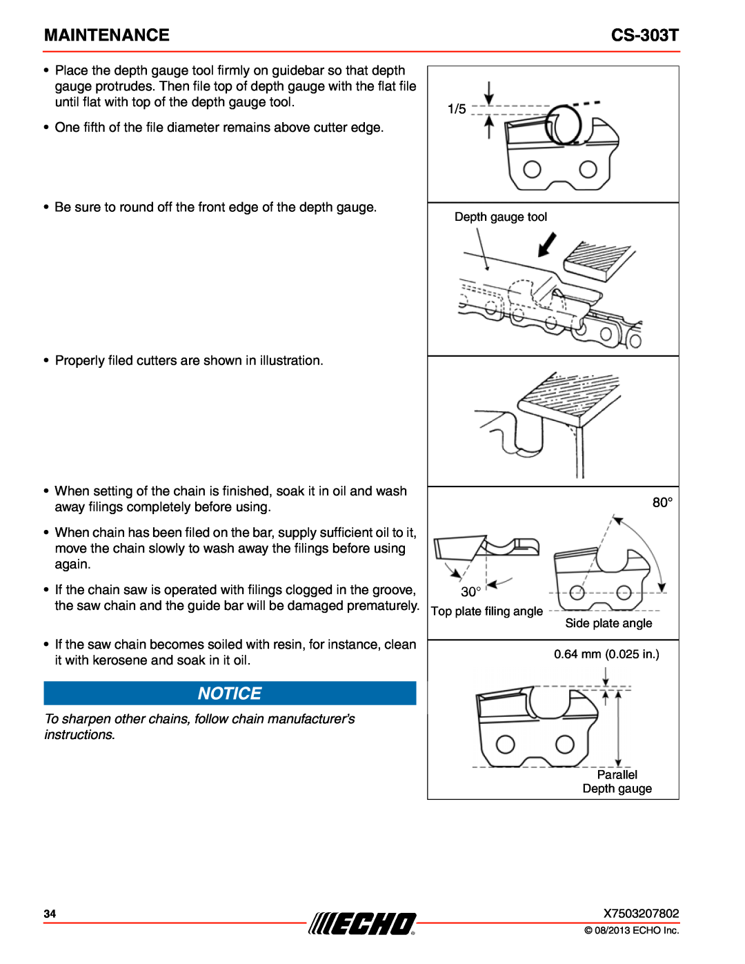 Echo CS-303T instruction manual Maintenance, Properly filed cutters are shown in illustration 
